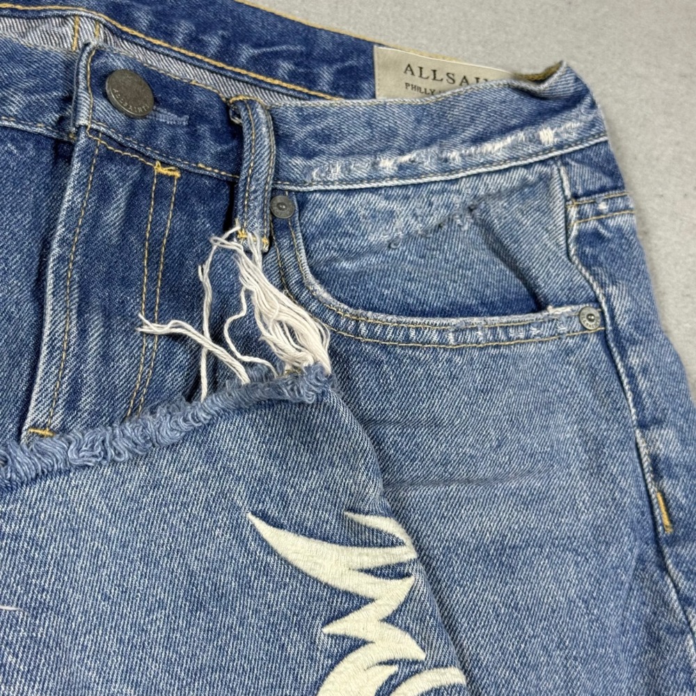AllSaints Philly Boys Jeans Blue Denim Embroidered Graphic Raw Hem Mens 28